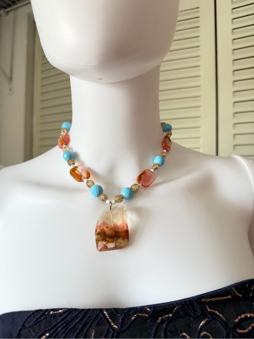 vintage Handmade Turquoise‎ & Pink Statement Beaded Necklace with Gold Accents
